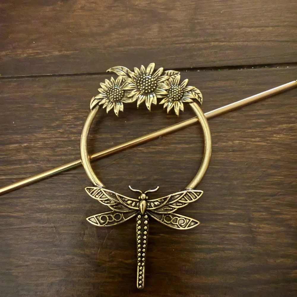 Gold Dragonfly Sunflower Hair Pin - Picture 4 of 4
